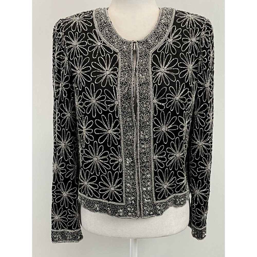 Vtg Scala Beaded Silk Jacket Sz Medium Womens Black Formal Flower Pattern Evenin